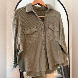 Aerie Olive Waffle Knit Button-Up Top